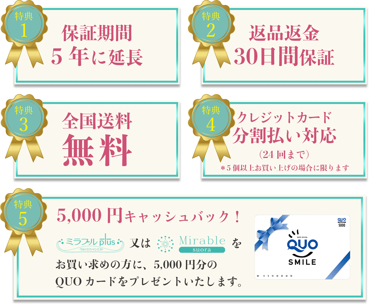 5年保証　30日間返品返金保証　全国送料無料　分割払い　キャッシュバックキャンペーン